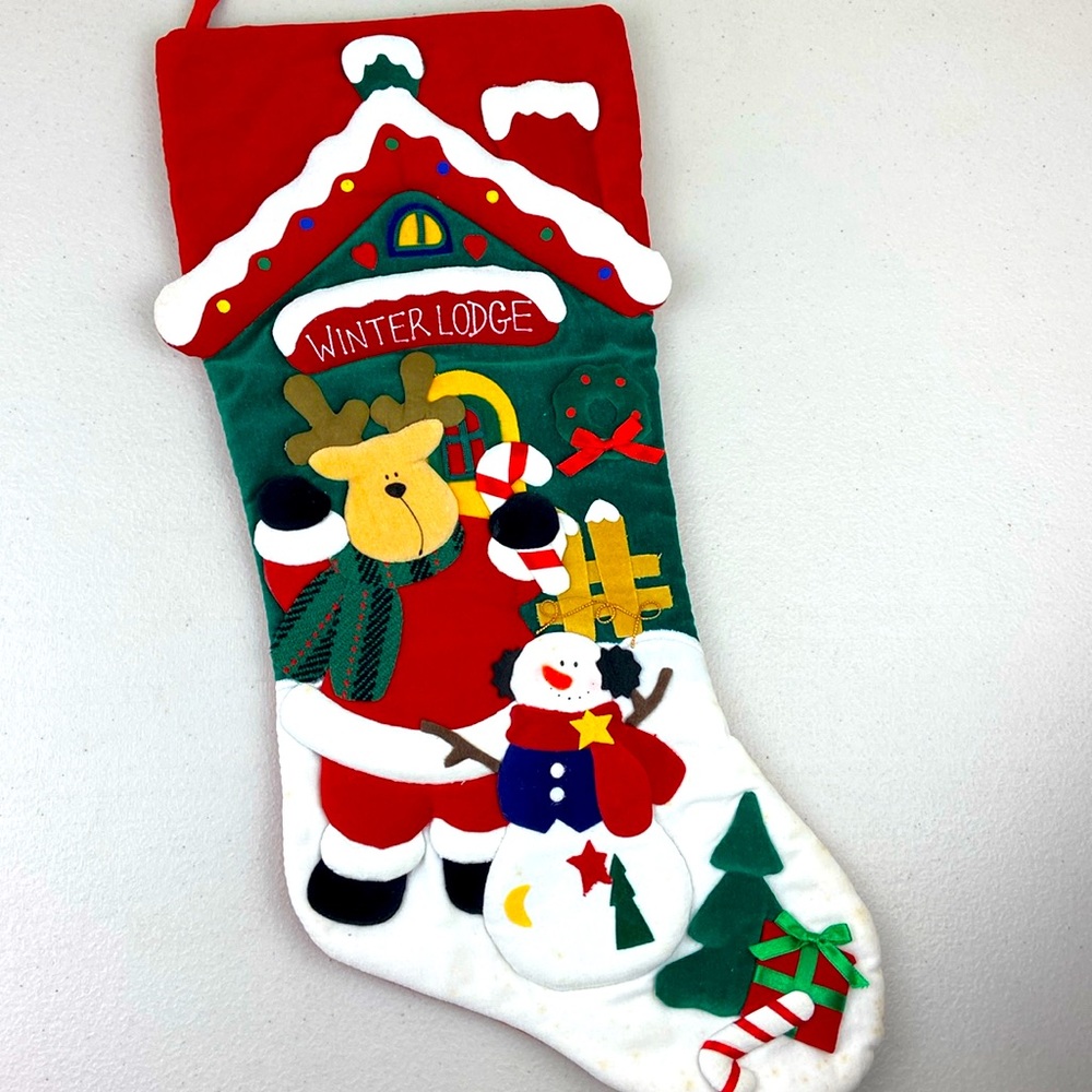 Vntg Pima Creations Inc Velvet Quilted Christmas Stocking 3-D reindeer snowman